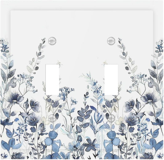 Decorative Switch Plates Light Blue Watercolor Leaves Plant With Floral 2 Gang Double Toggle Outlet Light Switch Cover Wall Plate Electrical Faceplate for Bedroom Bathroom Decor