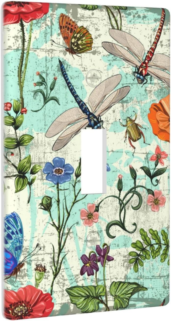Dragonflies Flowers Butterfly 1 Gang Single Toggle Outlet Light Switch Cover Decorative Single Toggle Wall Plate Cover For Home Living Bedroom Kitchen Decorative