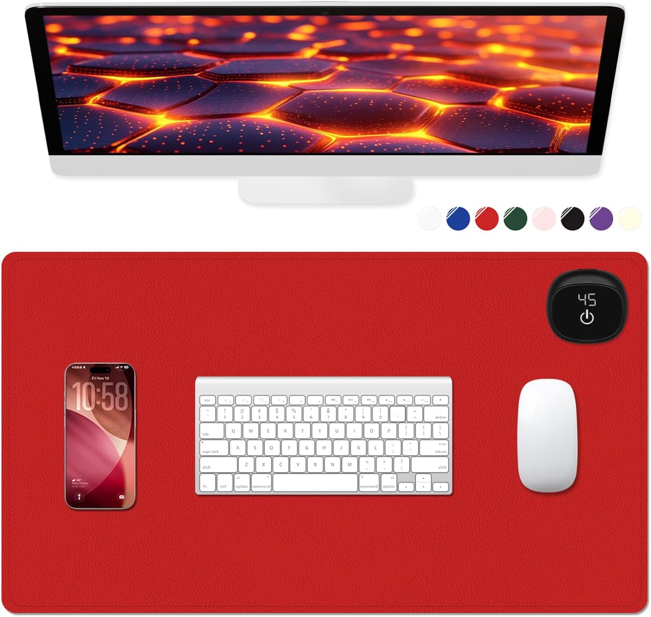 Heated Desk Pad, 23.6" x 14.2" Leather Non-Slip Warm Desk Pad, Large Mouse Mat with 3 Levels Heating & 3 Hours Auto Shut-Off, Hand and Foot Warmer for Office, Home, Red
