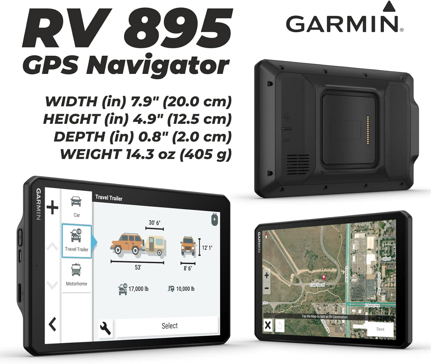 Wearable4U - Garmin RV 895 GPS Navigator, Large, Easy-to-Read 8, Custom RV Routing, High-Resolution Birdseye Satellite Imagery with Power Pack Bundle