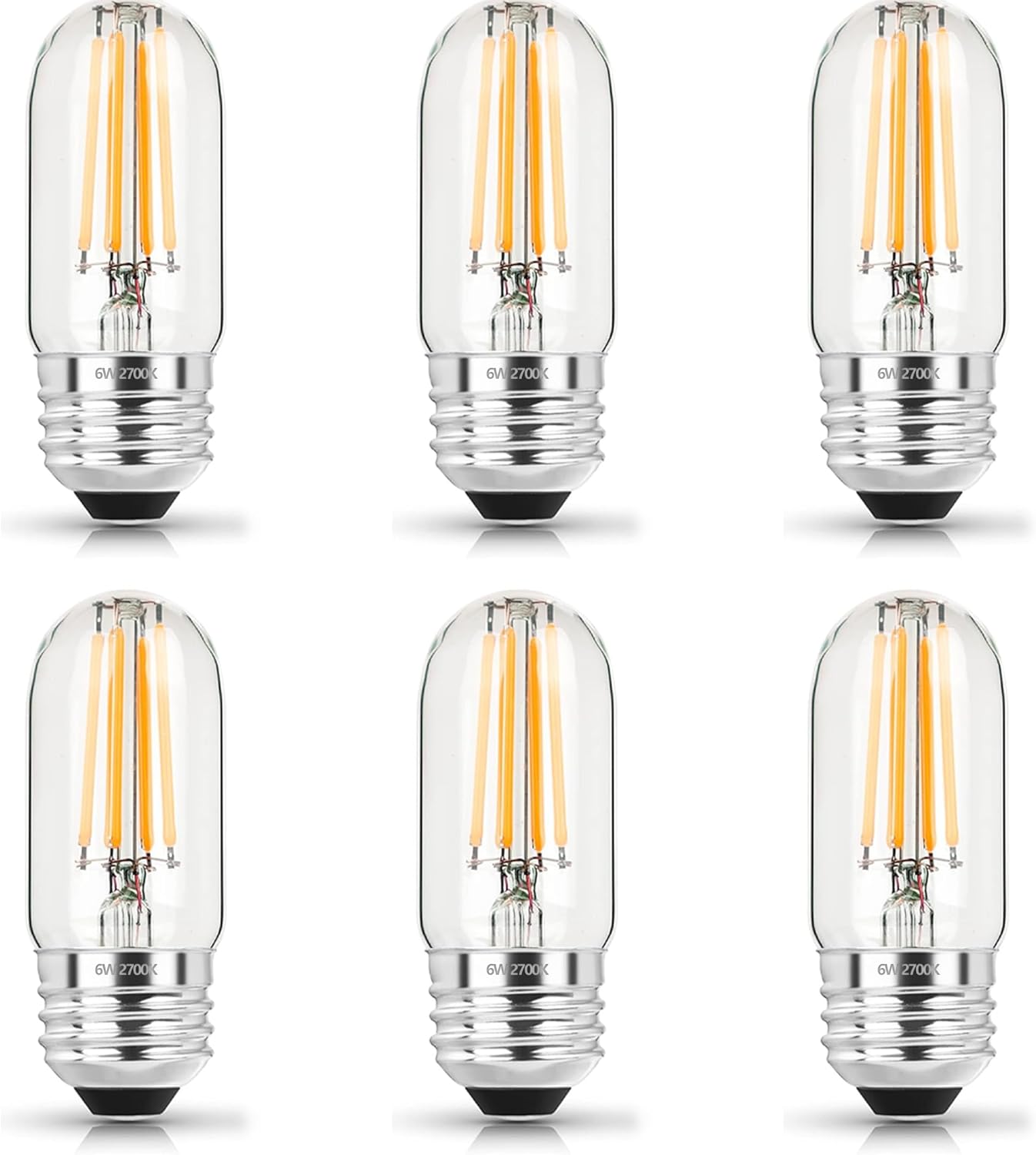 3.2 Inch 2700K Soft White E26 LED Bulb 60 Watt Equal, AC 120V 600LM Edison Bulbs Dimmable, 6W T10 T30 Tubular Filament Light Bulbs Clear Glass for Fan Pendant Wall Light, UL Listed-6 Pack