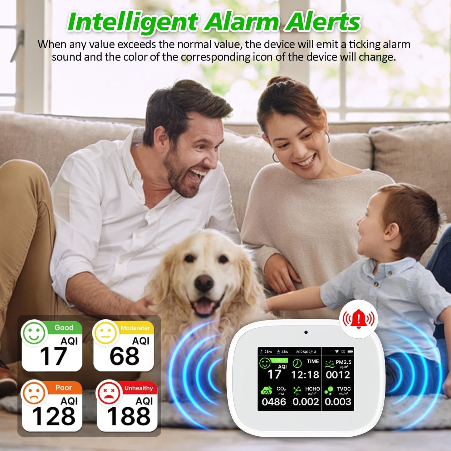 18-in-1 Smart Air Quality Monitor - Indoor WiFi Air Quality Detector with Dual Chip, Real-Time for AQI, CO2, PM2.5, PM1.0, PM10, TVOC, HCHO, Time Display, Temperature & Humidity (White-Black)