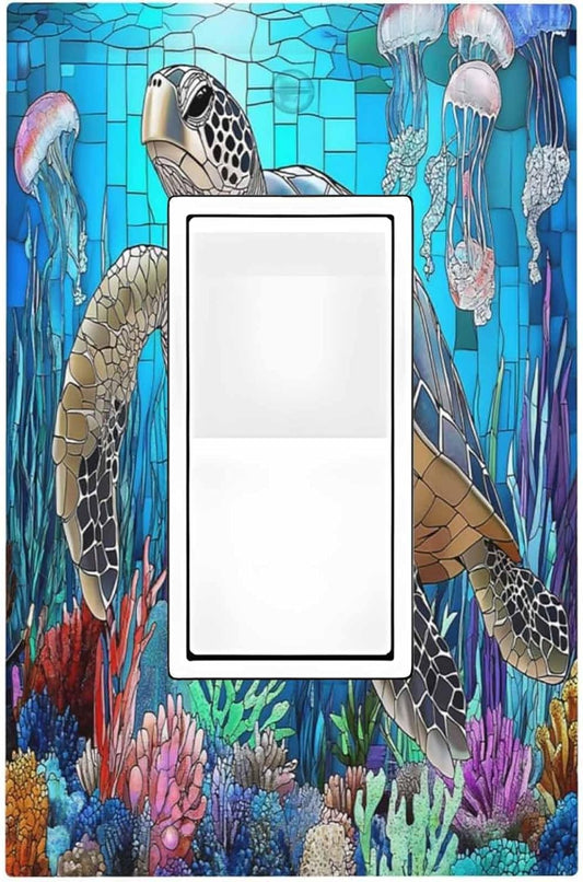 Decorative Outlet Covers Nautical Sea Turtle Coral Jellyfish 1 Gang Single Rocker Light Switch Cover Plate Wall Plates Gfci Faceplate For Kids Room Nursery Decor