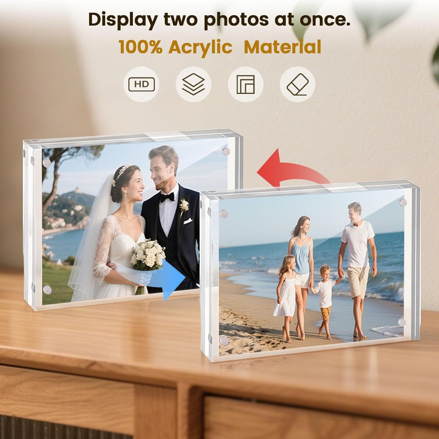JOHOUSE 5 Pack 4 x 6 Acrylic Picture Frames, Double Sided Magnetic Photo Frames Self Standing Frameless Transparent for Desktop Display Gifts for Women