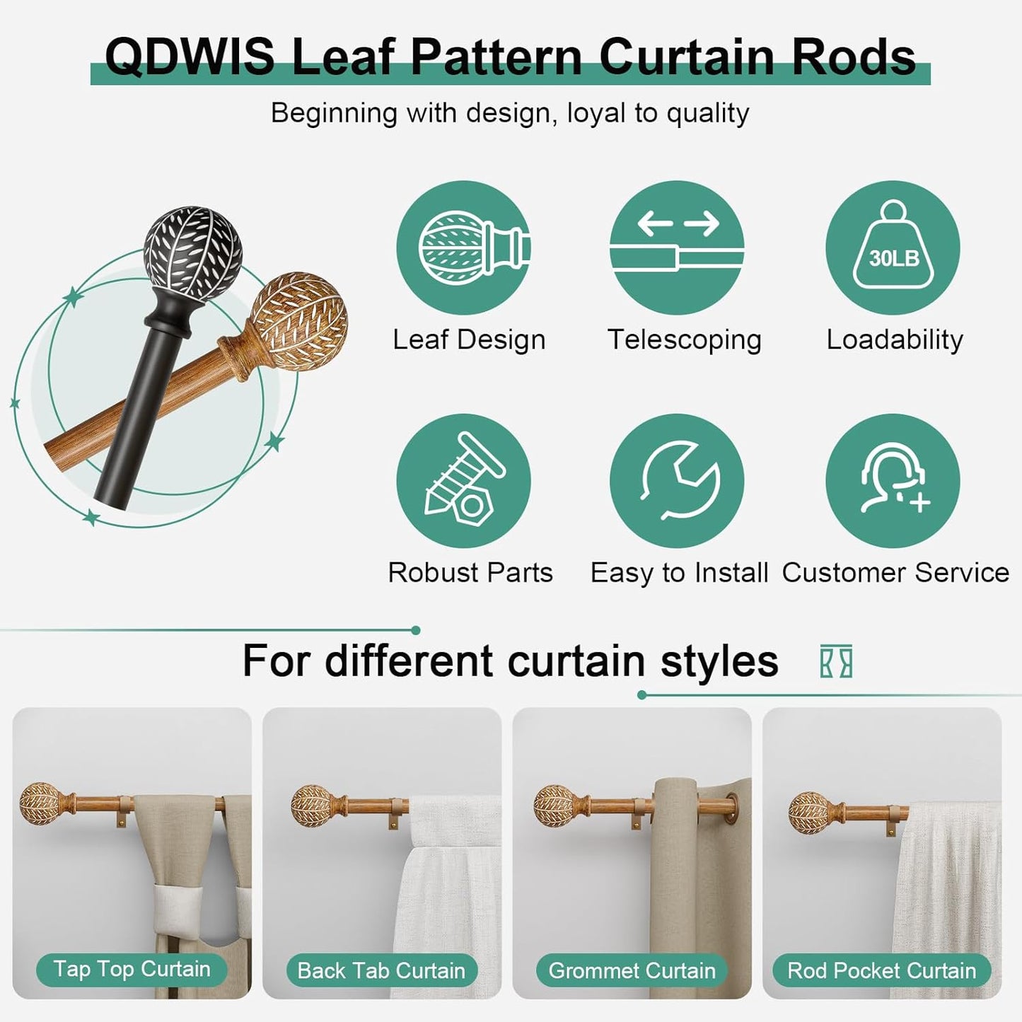 2 Pack Imitation Wood Grain Ball Curtain Rods for Windows 48 to 84 Inch,1 Inch Heavy Duty Adjustable Wood Curtain Rod,Boho Decorative Drapery Rods Set with Brackets,Size:36''-88''