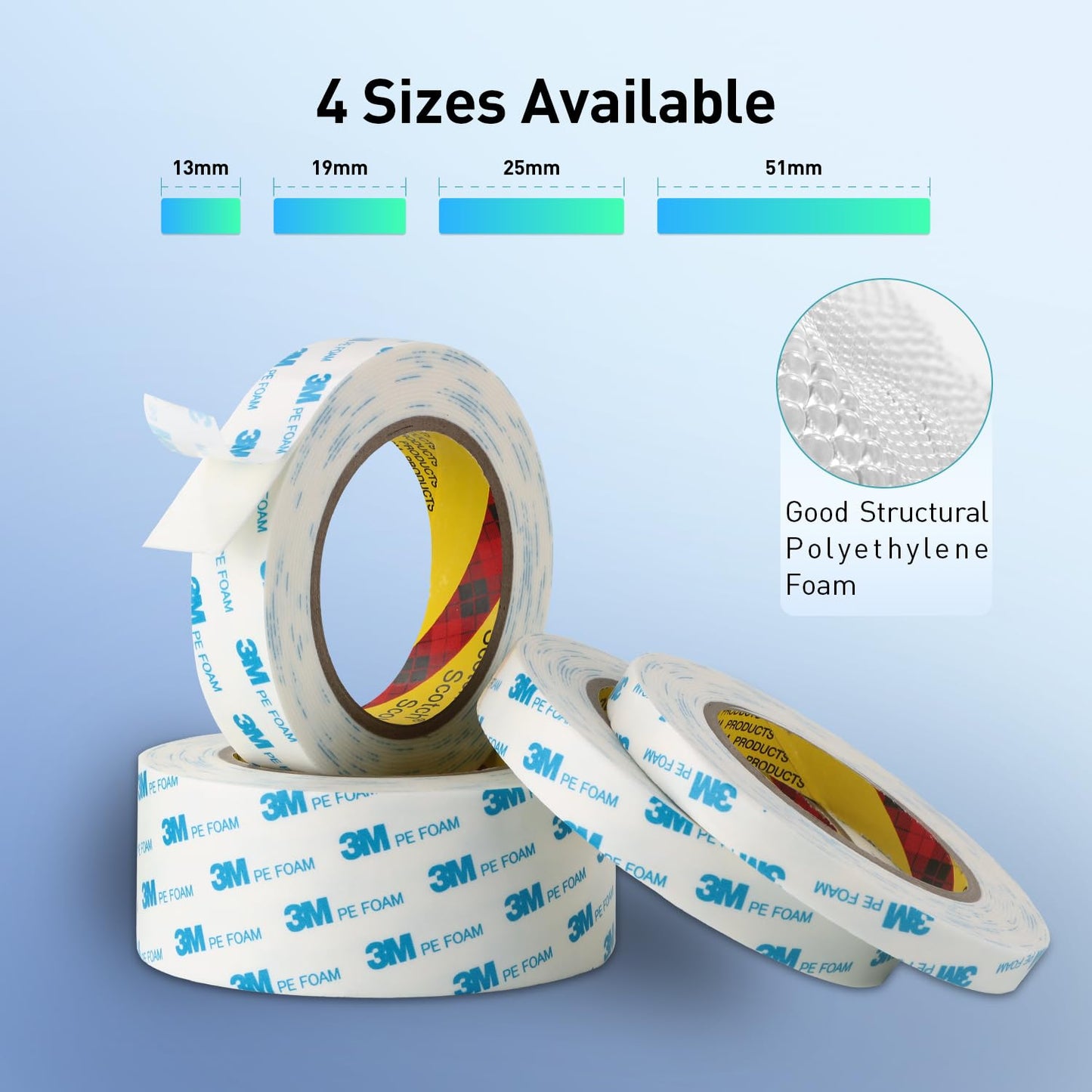 Double Sided Tape Strong Foam Tape 1" x 18Ft Made of 3M Heavy Duty Mounting Tape Waterproof PE Foam Adhesive Strips for Posters Alarm Sensors Window Shades and Other Home Office Deco (Pack of 2)