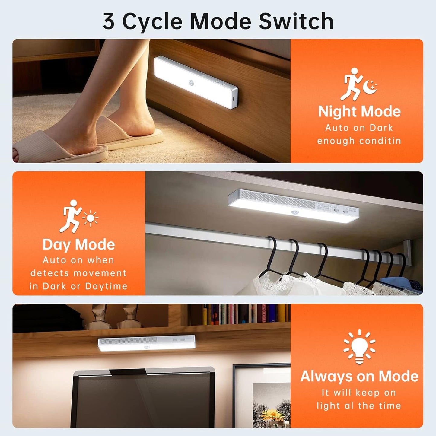 LED Closet Light, 30LEDs Dimmer USB Rechargeable Motion Sensor Light Under Cabinet Lighting, Stick-Anywhere Night Safe Light Bar for Wardrobe,Kitchen-2 Pcs