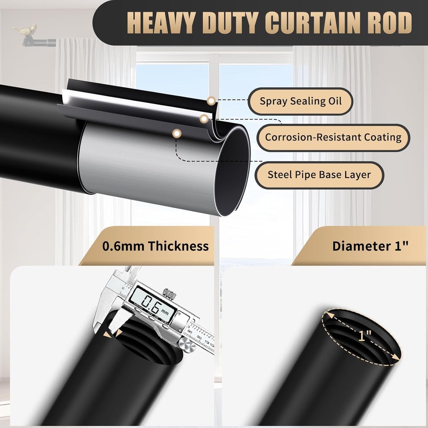 Vintage Gold Curtain Rod 48 to 90 Inches Curtain Rods for Windows Adjustable Drapery Rod with Bird Finials Heavy Duty Curtains Rods for Living Room Bedroom