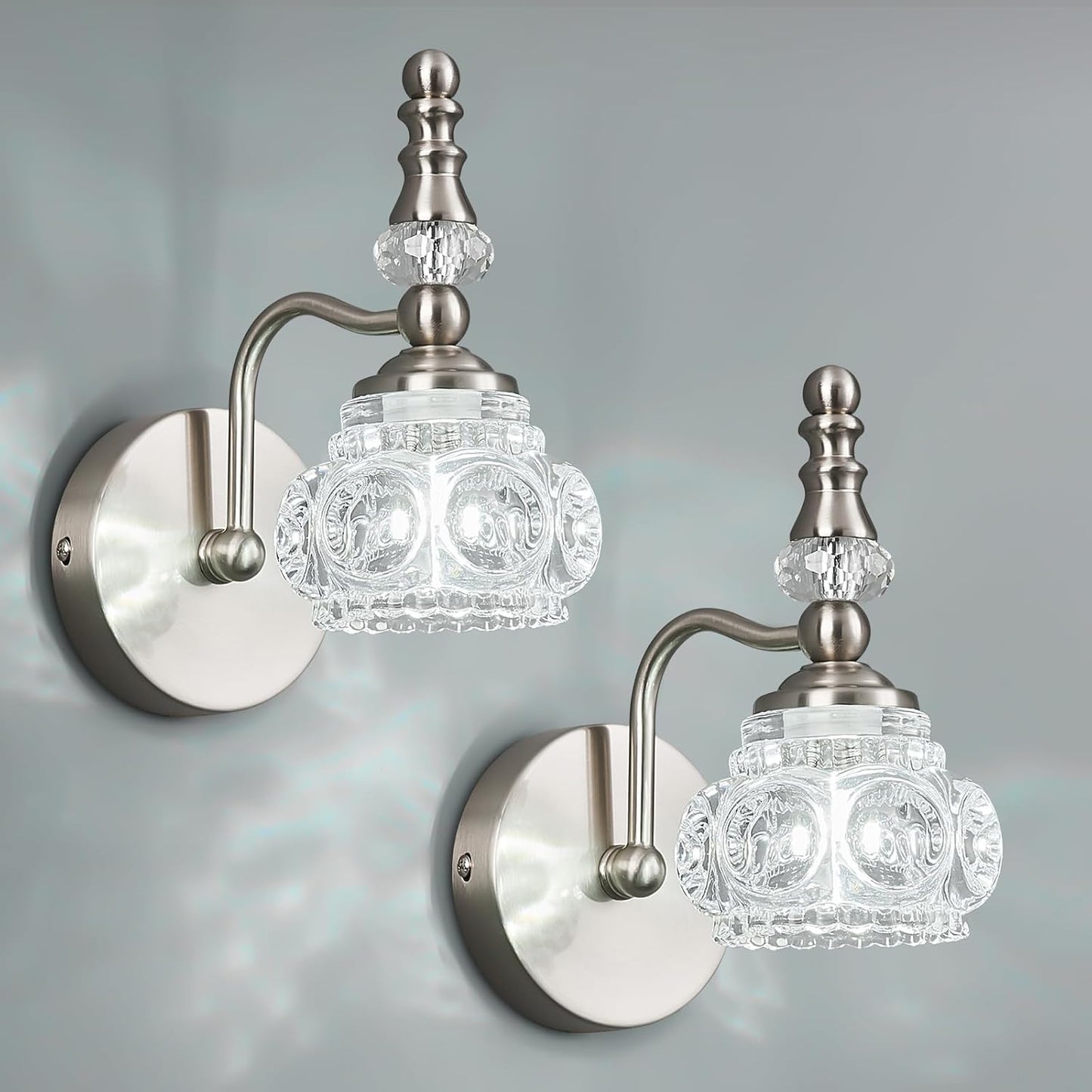 Modern Wall Sconce Set of Two Indoor Wall Lamp Nickel Vintage Wall Sconces Glass Wall Light Bathroom Vanity Light Fixture Wall Mounted Room Sconce Wall Lighting