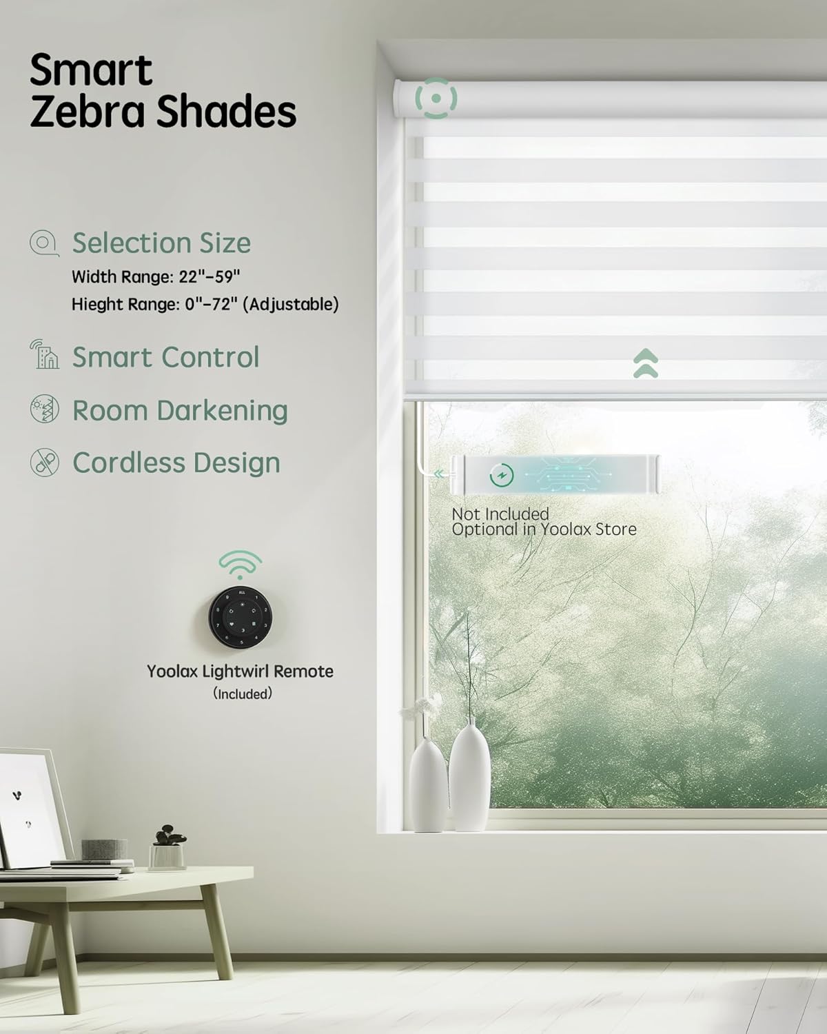 Yoolax Motorized Blinds with Remote, Electric Zebra Blinds for Indoor Windows, Room Darkening Smart Shades with Voice Control, Compatible with Alexa Google Home, APP Control, 59" W x 72" H, White