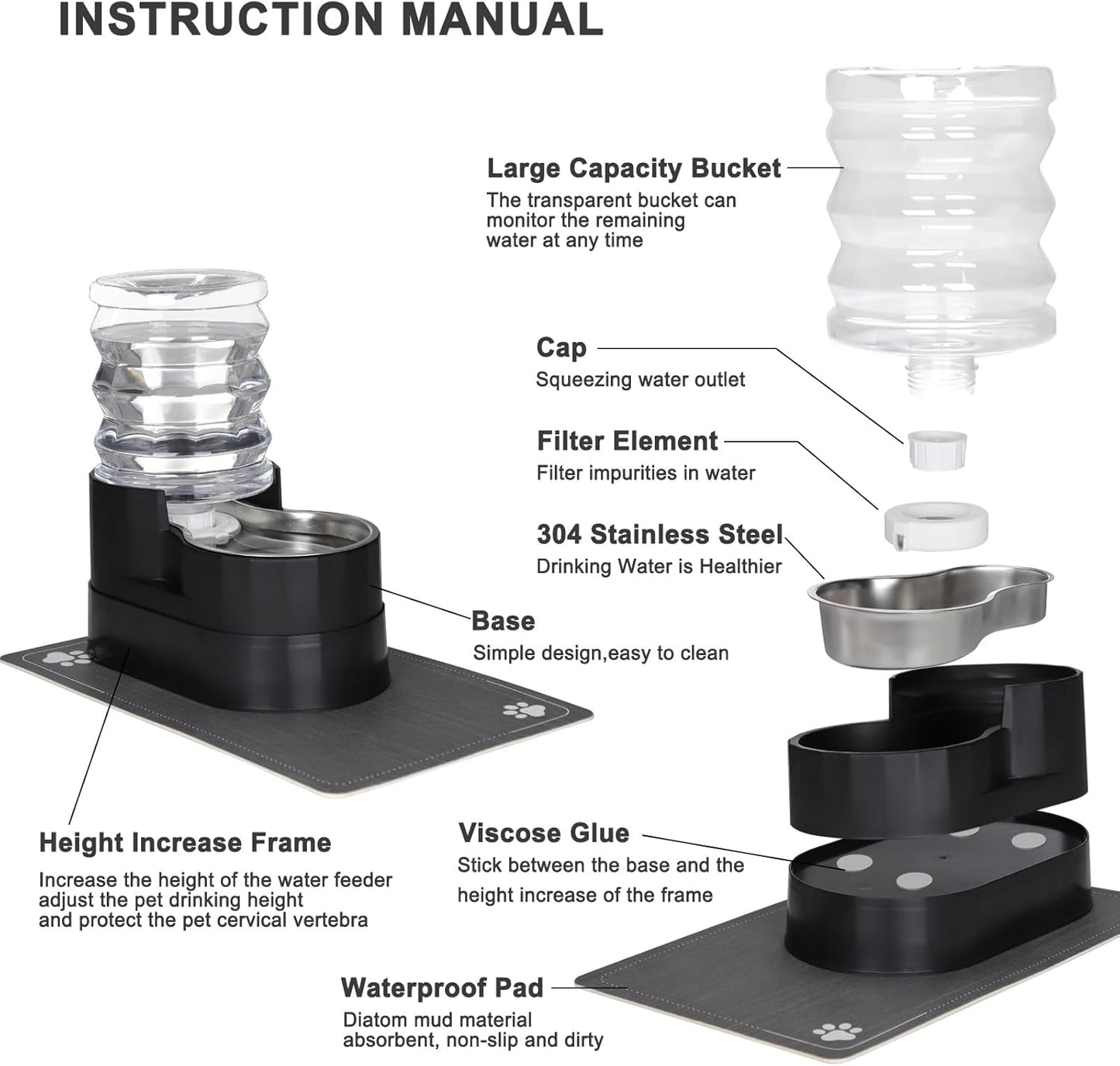 RIZZARI Automatic Cat Water Dispenser: Black 5L Elevated Feeder with Specialized Brush and Triple Filtration - Stainless Steel Gravity Bowl - Leakproof Base for Indoor Pets