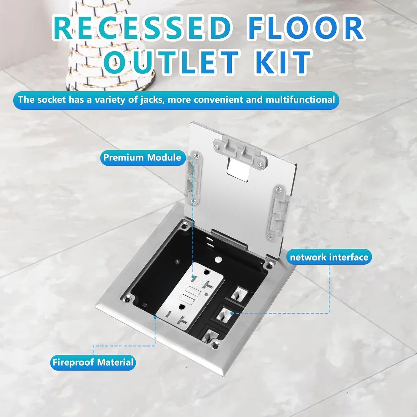 KYHSHJ Recessed Flat Hidden Socket Kit with 2 * 20 Amp Stainless Steel GFCI Tamper Receptacle Outlet+3-Port RJ45 Datacom Receptacle. Internal Height Adjustable，Corrosive Resistant Hardware，Silver