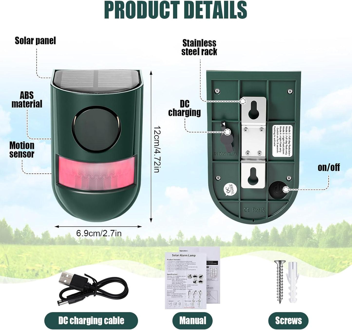 Qualirey 2 Pack Solar Sound and Light Alarm Motion Sensor 129db Outdoor Security Siren Waterproof Motion Activated Detector Alarm 6 LEDs Flash Warning Strobe System for Home, Farm (Green)