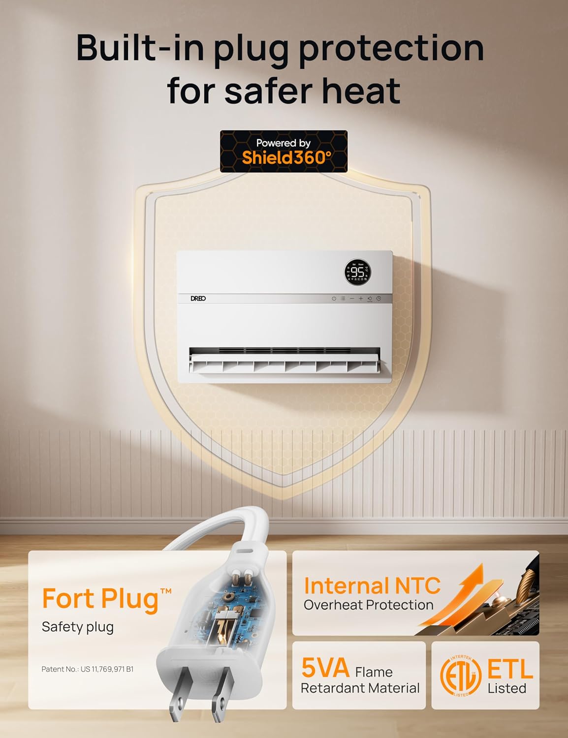 Dreo Wall-Mounted Heater, Smart Space Heater for Bedroom with Dreo FortPlug Overheat Protection, 120° Vertical Oscillation, Thermostat, 24H Timer, 1500W Electric Heater for Indoor, WH729S