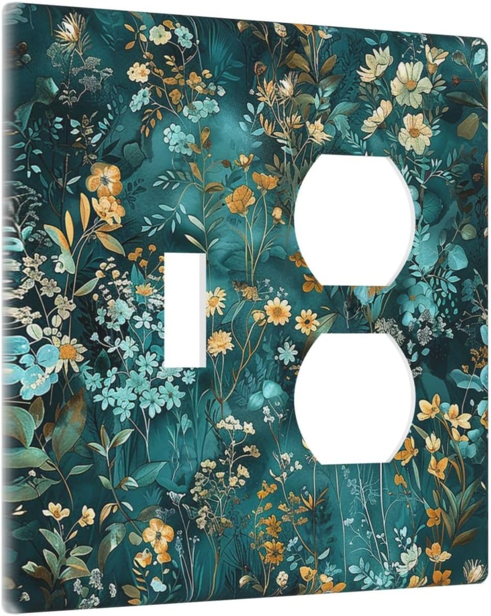 Wallplates Green Leaf Floral Boho Golden Flower Plant 1 Toggle 1 Duplex Switch Plate Electrical Gfci Faceplate Decorative Light Switch Covers For Bed Room Cabin Decor