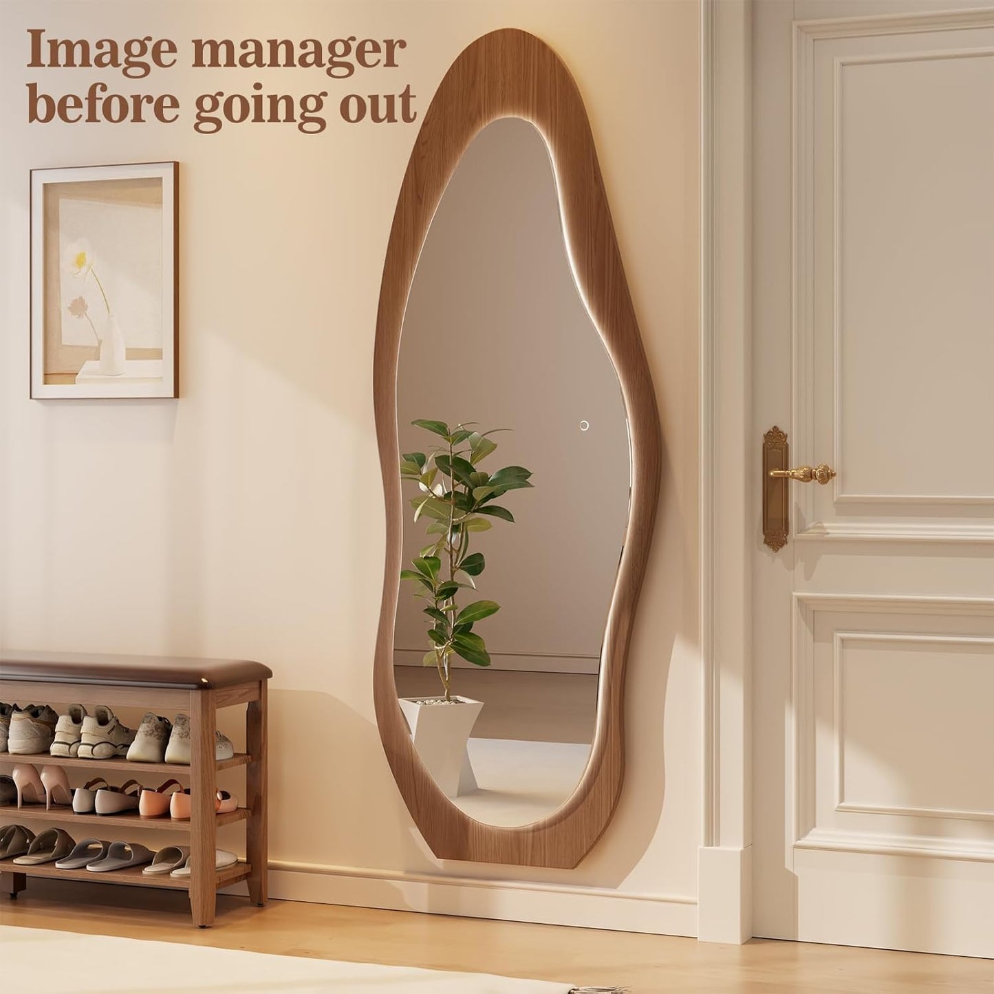 WoodsWhisper 69"x 24" Wavy Mirror Full Length,Lights Irregular led Full Length Mirror, Wavy Wall Mirrors,Shatter-Proof Hanging or Leaning Against Wall for Cloakroom/Bedroom/Living Room,Walnut