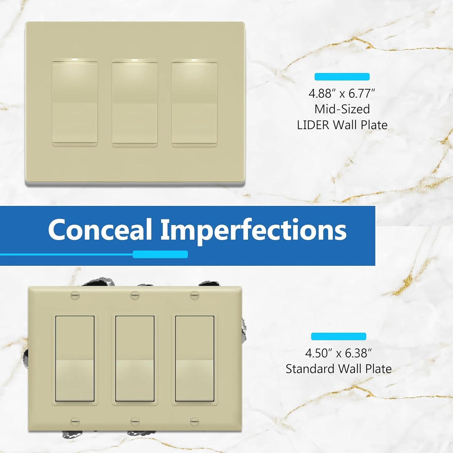 LIDER Matte Finish Decorator Switch Cover, Screwless Wall Plate, Mid-Size 3-Gang 4.88" x 6.77", Unbreakable Polycarbonate Thermoplastic, UL Listed, LSWP-33M-I, Ivory