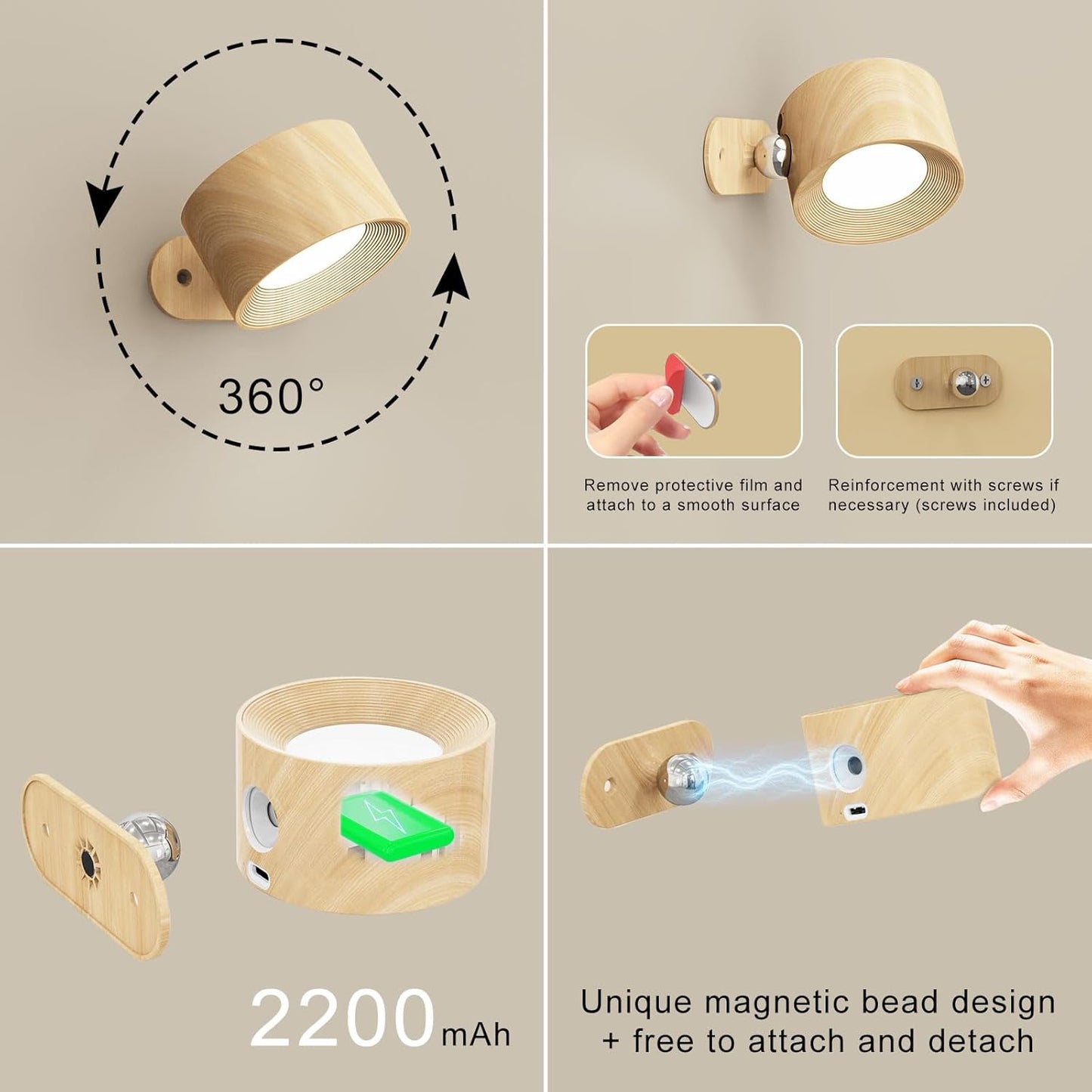 Koopala 2PACK LED Wall Lamps with Rechargeable Battery Operated, Wall Mounted Lights with 3 Brightness 3 Color Temp Removable Charging 360°Rotate Magnetic, Cordless Wall Sconces for Reading Bedside