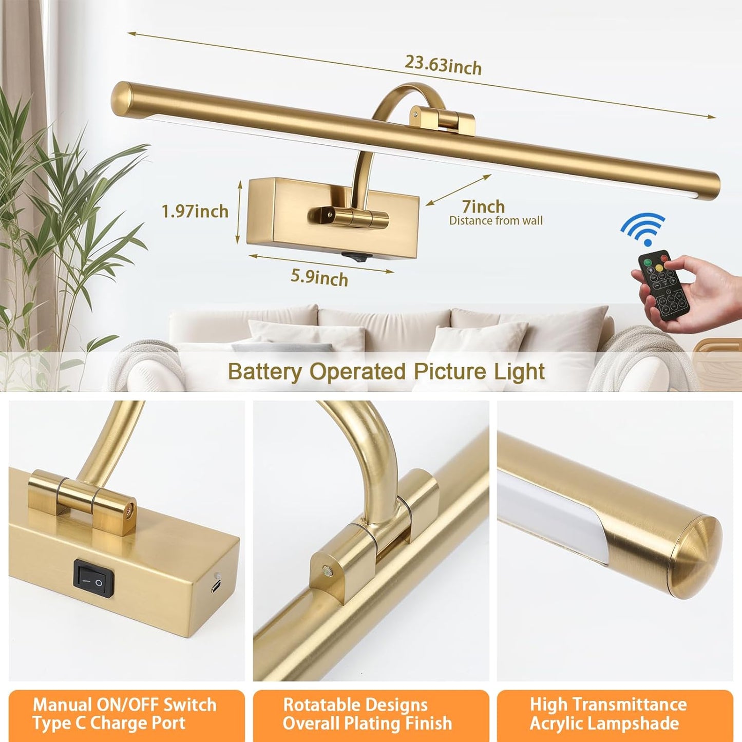 Picture Light Battery Operated with Remote, 3CCT Dimmable Picture Light for Paintings, Brass Rechargeable 24 inch Battery Operated Wall Sconce for Art Lighting Gallery Portrait Artwork