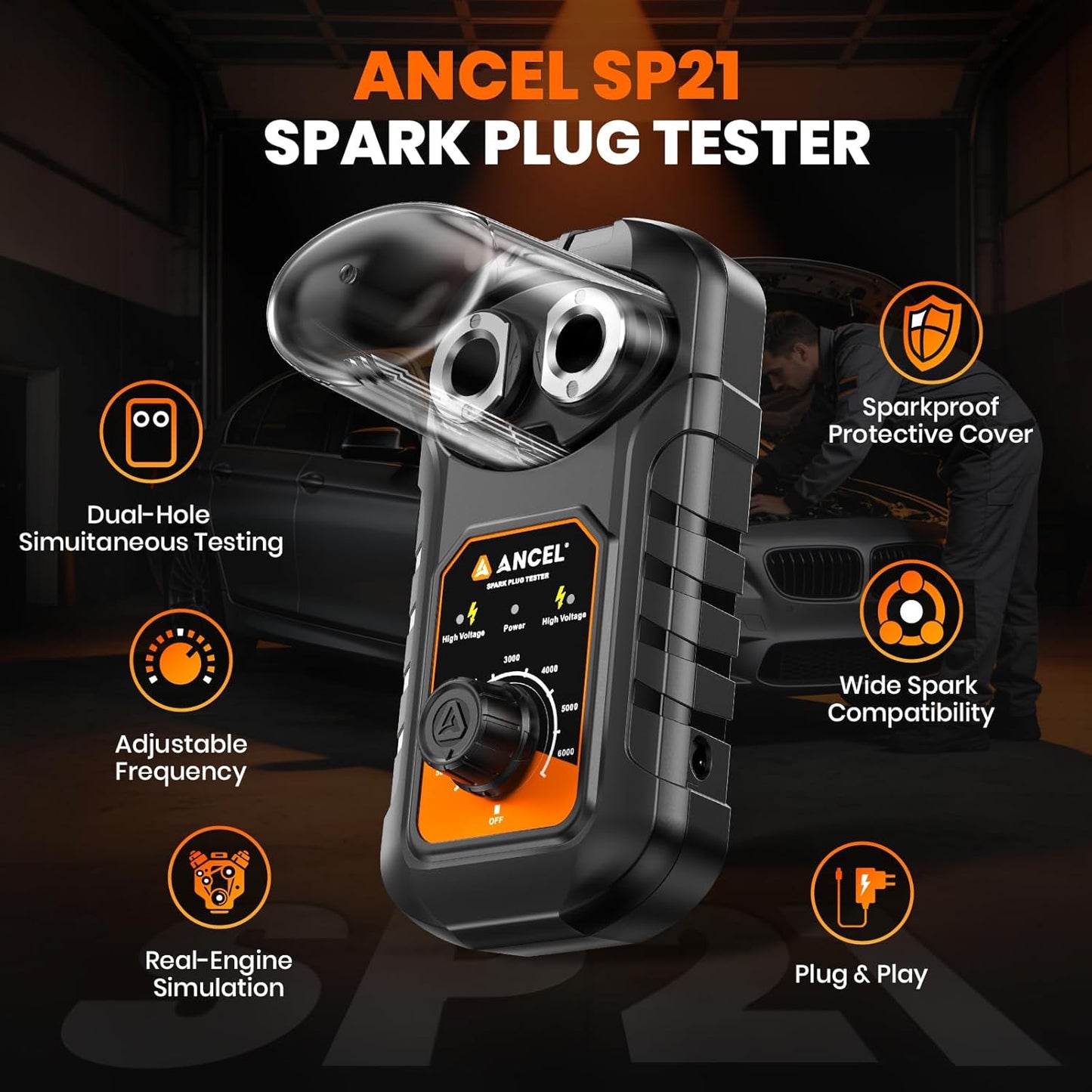 (Upgraded SP02) ANCEL SP21 Spark Plug Tester, Dual Holes Test Spark Plug Tool, Car Motorcycle Engine Ignition Tester 0 to 6000RPM Spark Tester Socket with Mistake-Proof Design