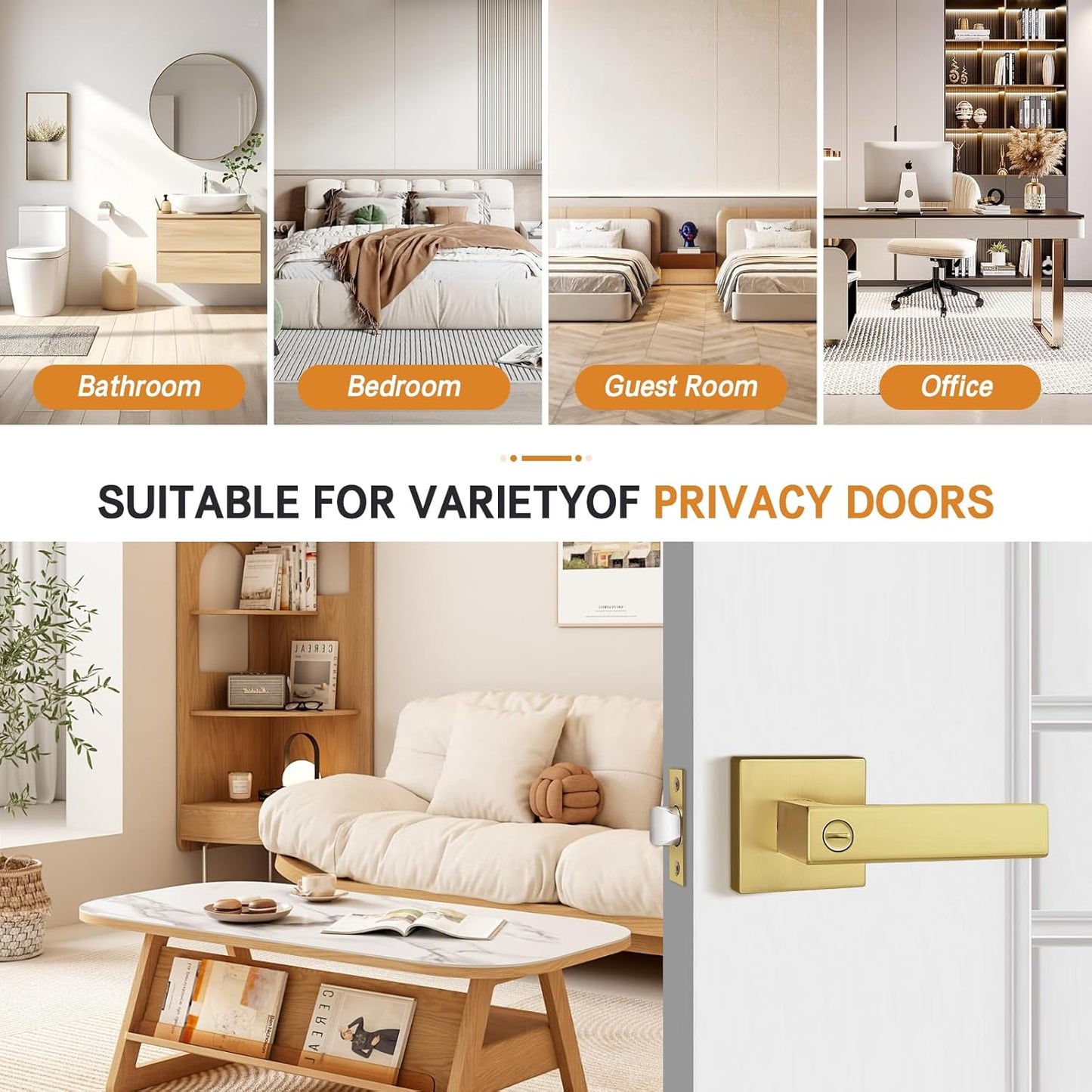 Probrico Interior Flat Square Gold Privacy Door Handle, Heavy Duty Keyless Interior Door Lever for Bed & Bath(10 Pack)