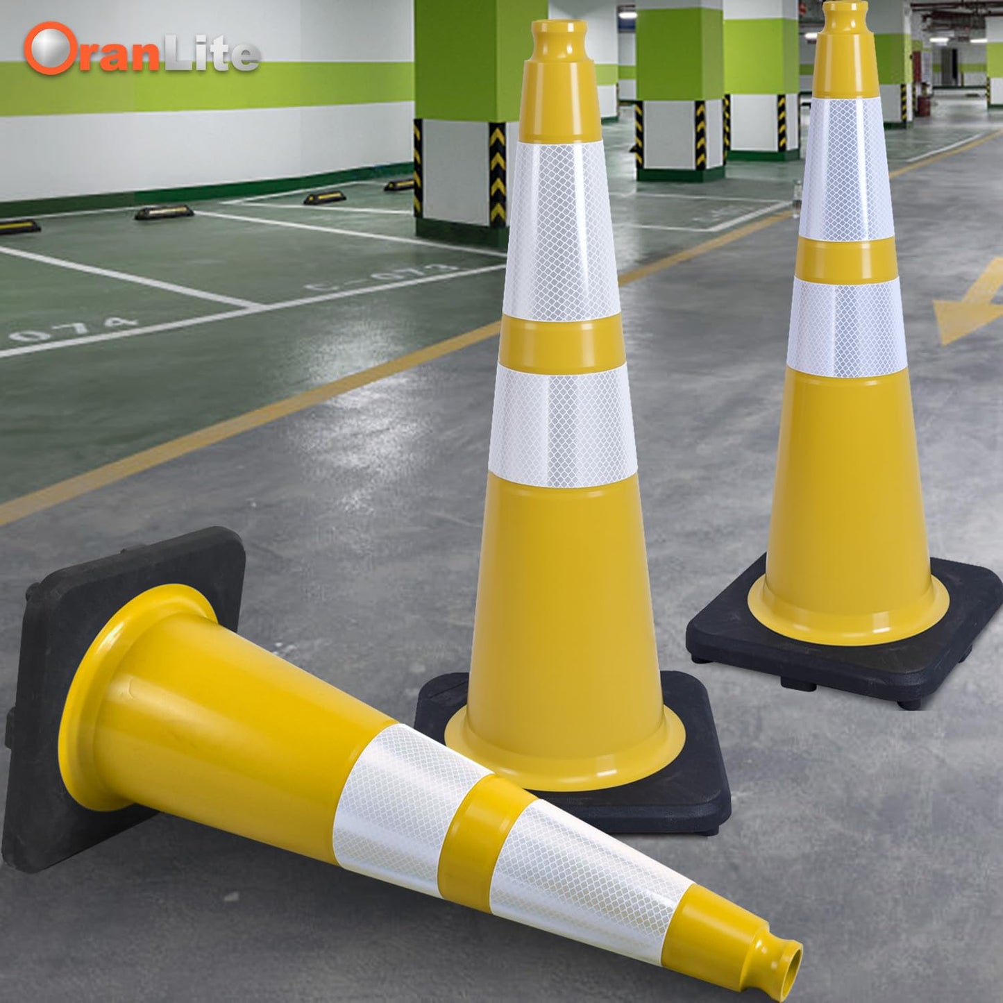 6 Pack 28" Large PVC Traffic Cones with Heavy-Duty Black Base, Garage Parking Lot Cones Structurally Stable Weatherproof Road Construction Safety Cones (6, Yellow, 28" Large)