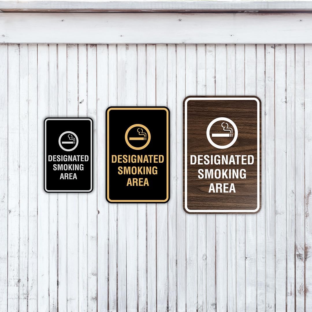 Signs ByLITA Portrait Round Designated Smoking Area Sign with Adhesive Tape, Mounts On Any Surface, Weather Resistant, Indoor/Outdoor Use (Black Gold) - Large 2 Pack