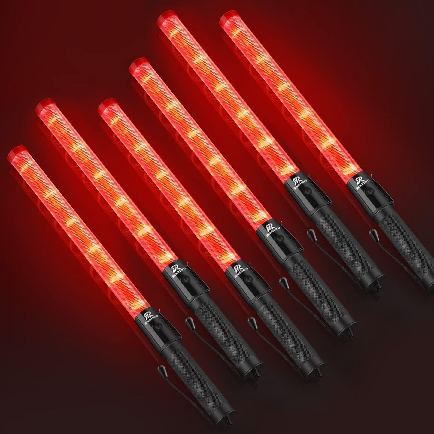 RoadHero 6 Pack Traffic Wand, 21 Inch Led Traffic Control Baton, Safety Light Wands with 2 Flashing Modes, Air Marshaling Signal Wand with Side Clip for Airport, Parking, Car Directing