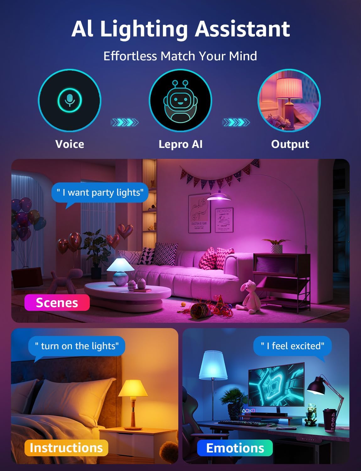 Lepro B3 AI Smart Light Bulbs - 1500LM 100W Equivalent A21 Bulb, WiFi & Bluetooth RGBWW Color Changing, Works with Alexa & Google Assistant, AI Voice Control by App, Music Sync, 2.4GHz Only (4 Pack)