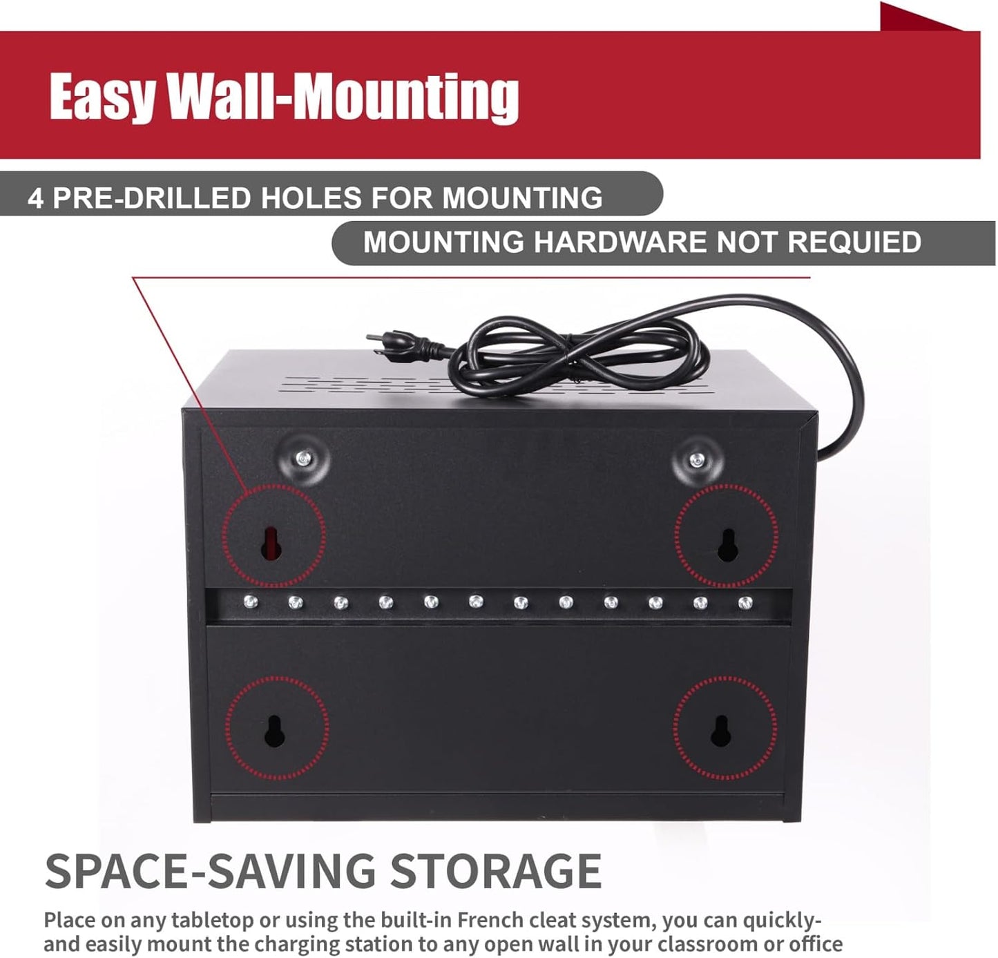 12 Bay Charging Cabinet for Laptop/Chromebook, Black Locking Charging Station with 12-Outlet Strip, Cable Clips, Grommet Holes & Wall-Mount 18.98" W×12.99" D×14.96" H for Office/Classroom