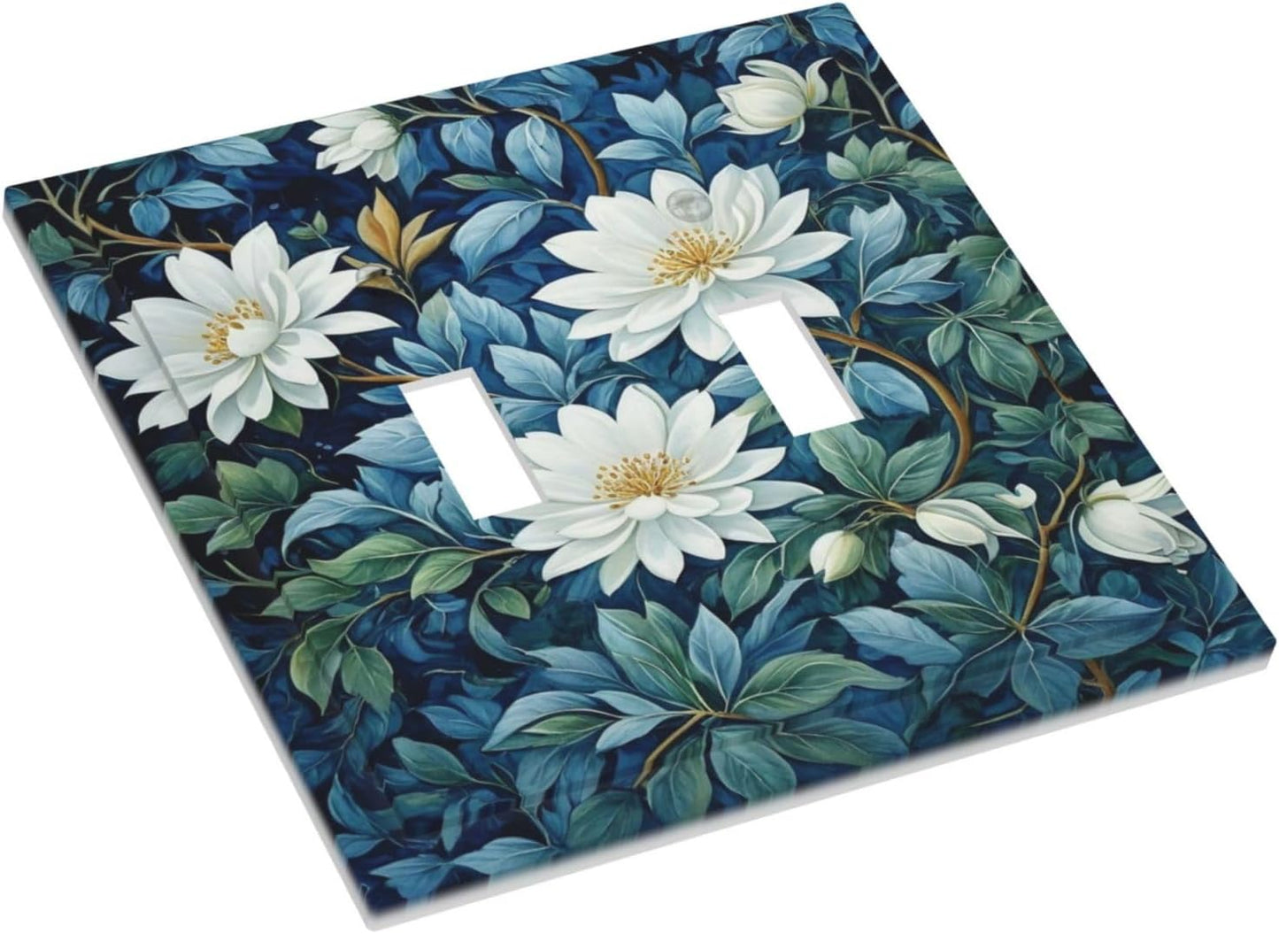 White Flowers Green Leaves Light Switch Covers Double Toggle 2 Gang Wall Plate Dual Decorative Switchplate Electrical Faceplate for Farmhouse Living Room Decor