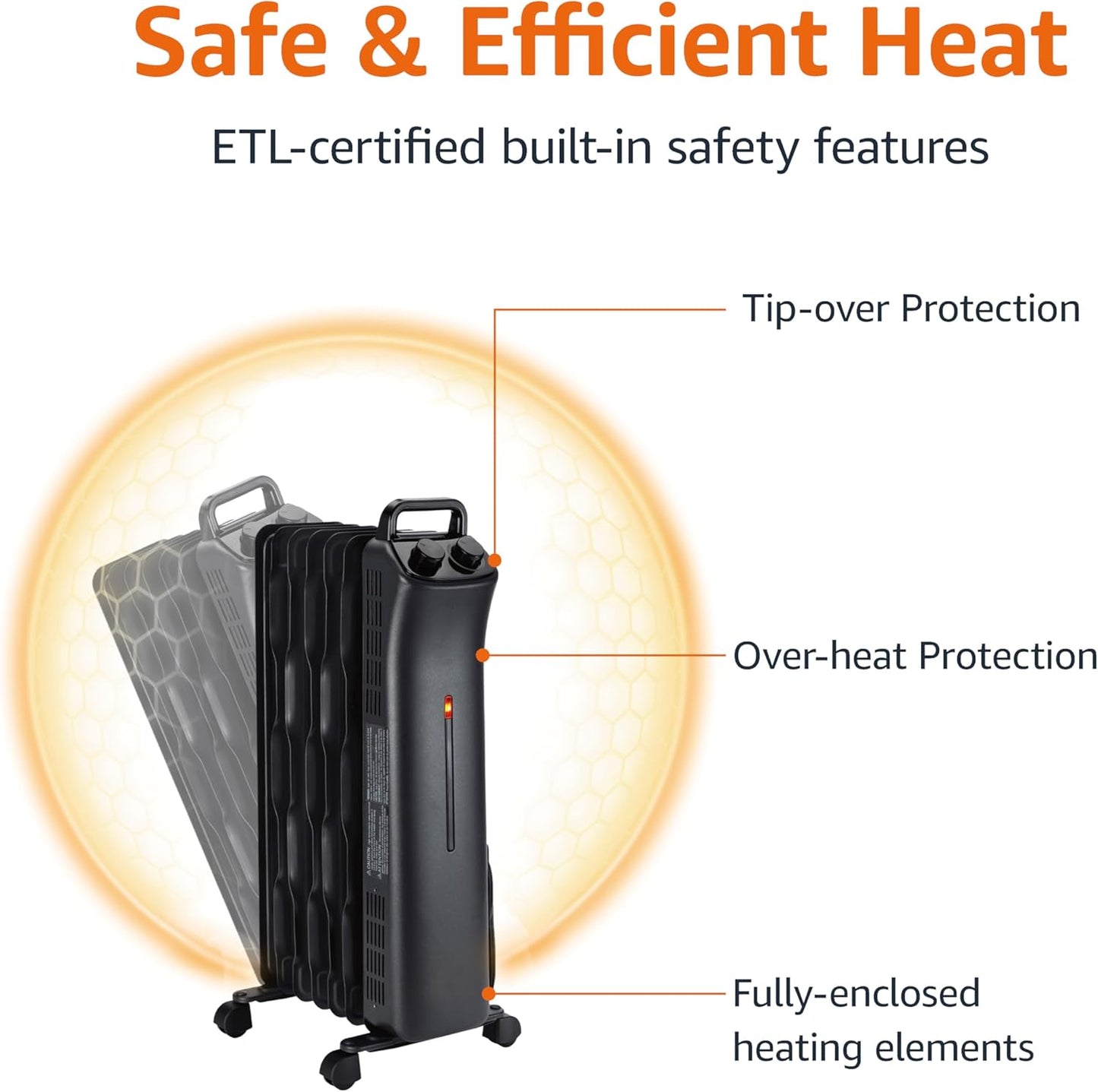 Amazon Basics Oil Space Heater, Portable Radiator Heater with 7 Oil-Filled Fins for Indoor Use, 3 Heat Settings, Thermostat, Tip-Over Protection, ETL Safety Certificate, Manual Control, 1500W, Black