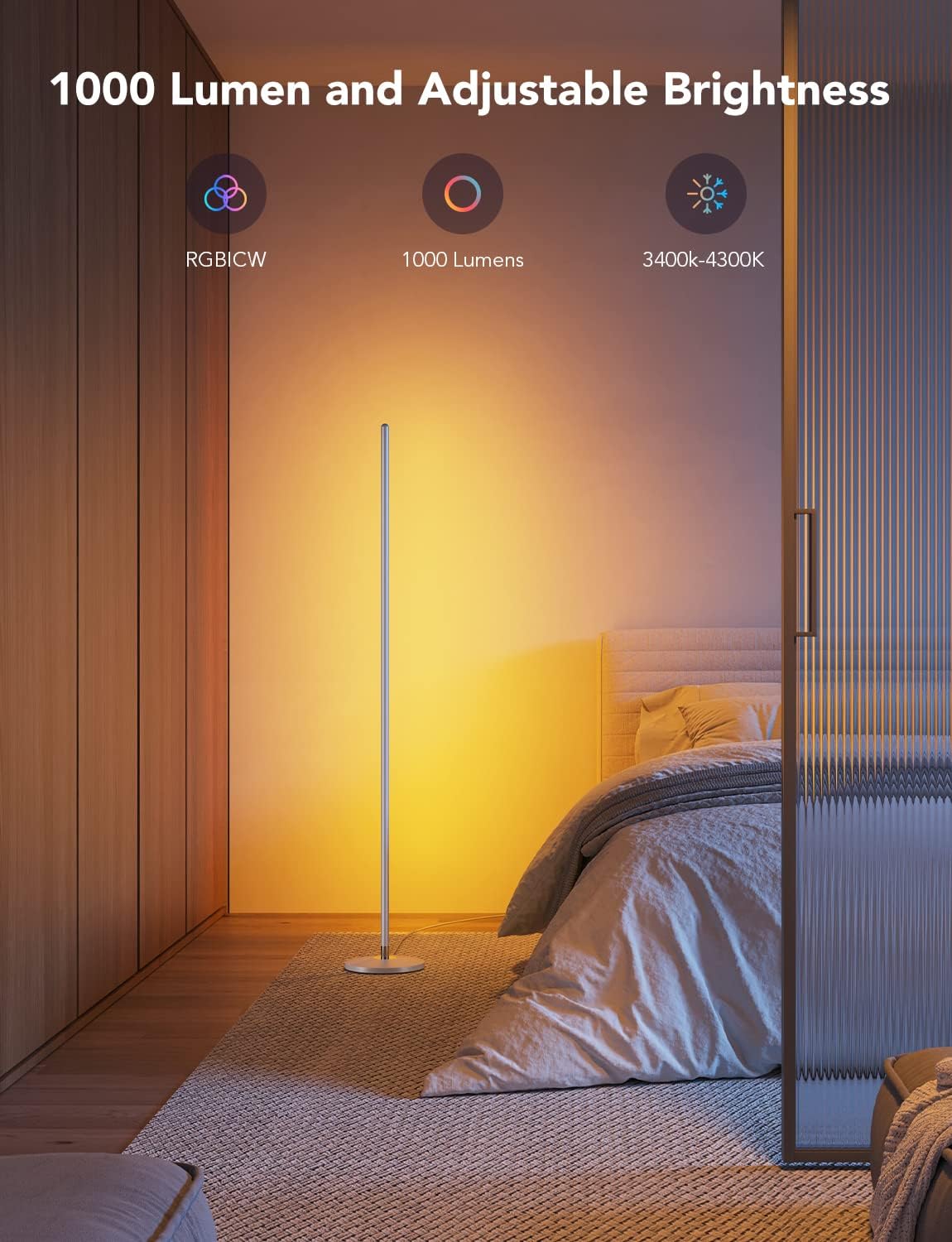 Govee RGBIC Floor Lamp, LED Corner Lamp Works with Alexa, Smart Modern Floor Lamp with Music Sync and 16 Million DIY Colors, Color Changing Standing Lamp for Bedroom Living Room Silver