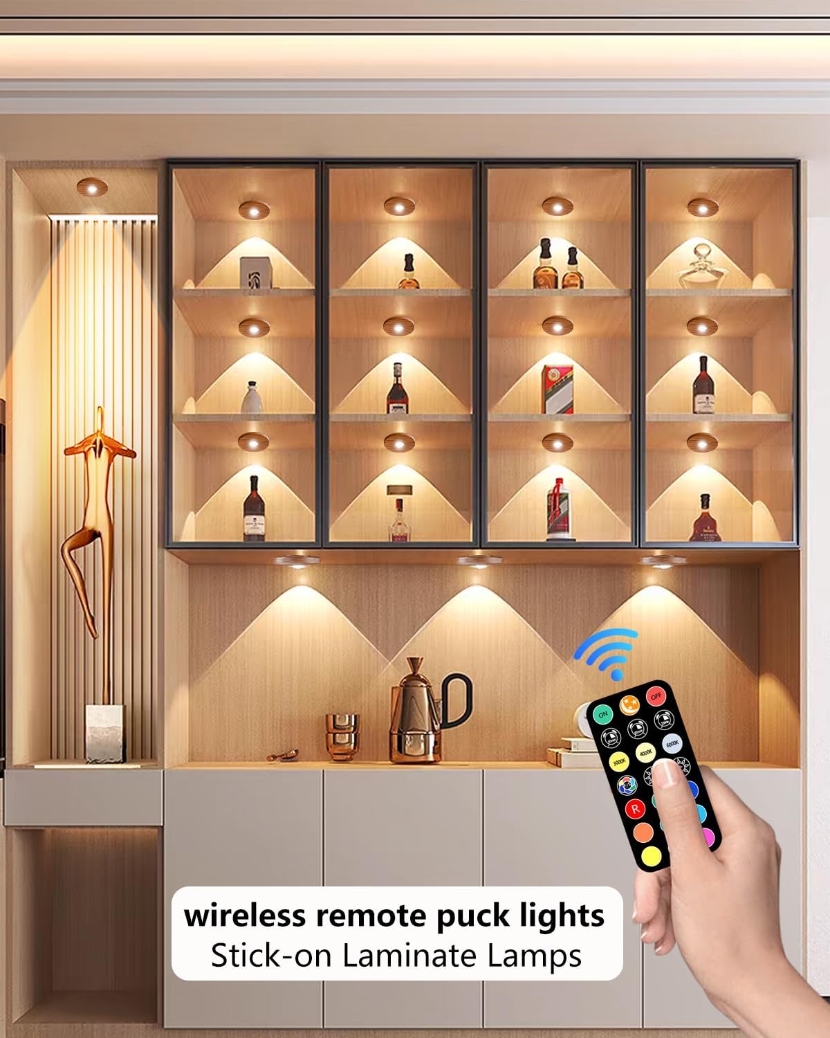 Puck lights with remote, 2000mAh rechargeable cabinet light, Under Cabinet Lighting Wireless, Display Cabinet, Dimmable Magnetic Stick-On Shelf , push lights battery operated，(Wood Color, 3 Pcs)