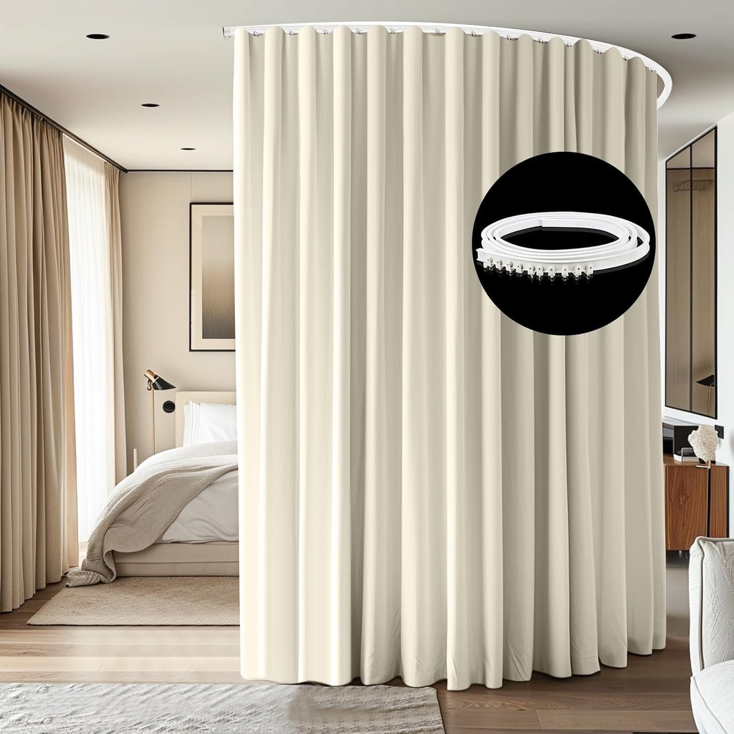 Room Divider Ceiling Mounted Curtains Track Sets Extra Wide Blackout Curtain Flexible Tracks for Bedroom Privacy Partition Separator, 1 Panel Beige Drape and White Rail, W10 x H10ft