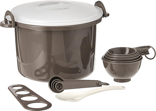 Prep Solutions by Progressive Microwaveable Rice and Pasta Cooker-17 Piece Set Includes Measuring Spoons and Cups, Rice Paddle, Steaming Insert, Pasta Measurer and Locking Lid-12 Cup Capacity BPA FREE, Gray