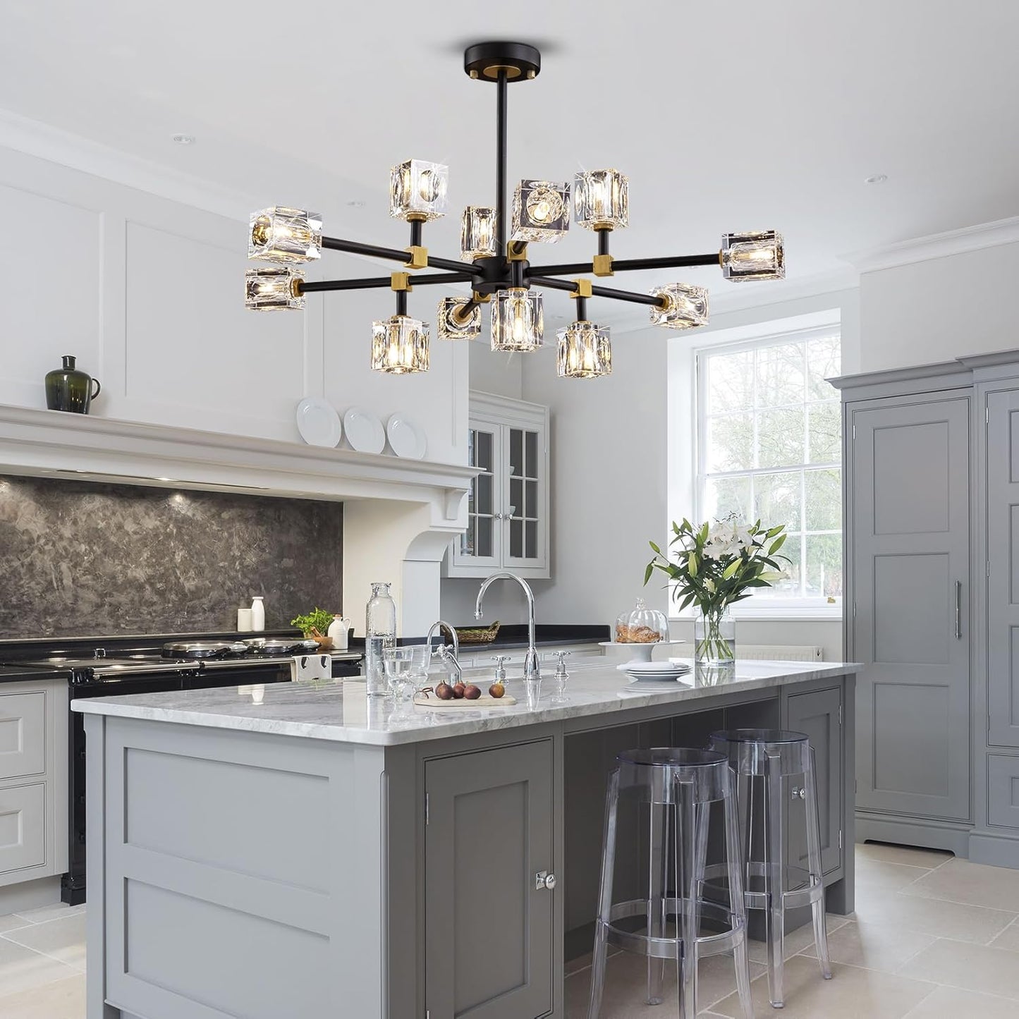 Black Crsytal Chandelier,Sputnik Chandeliers with 12-Lights,Modern Adjustable Height Semi Flush Mount Ceiling Light Fixture for Dining Room,Kitchen Island,Living Room,Bedroom