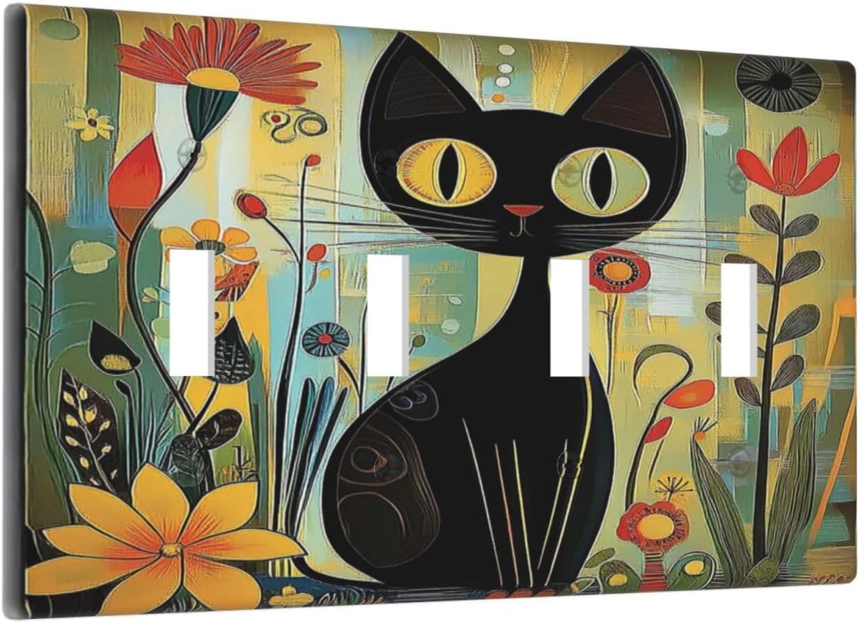 Funny Cat Retro Abstract Flowers Kitten Light Switch Covers Quad Toggle Electrical Faceplate 4 Gang Wall Plate Decorative Switch Plates For Kids Room Bed Room Decor
