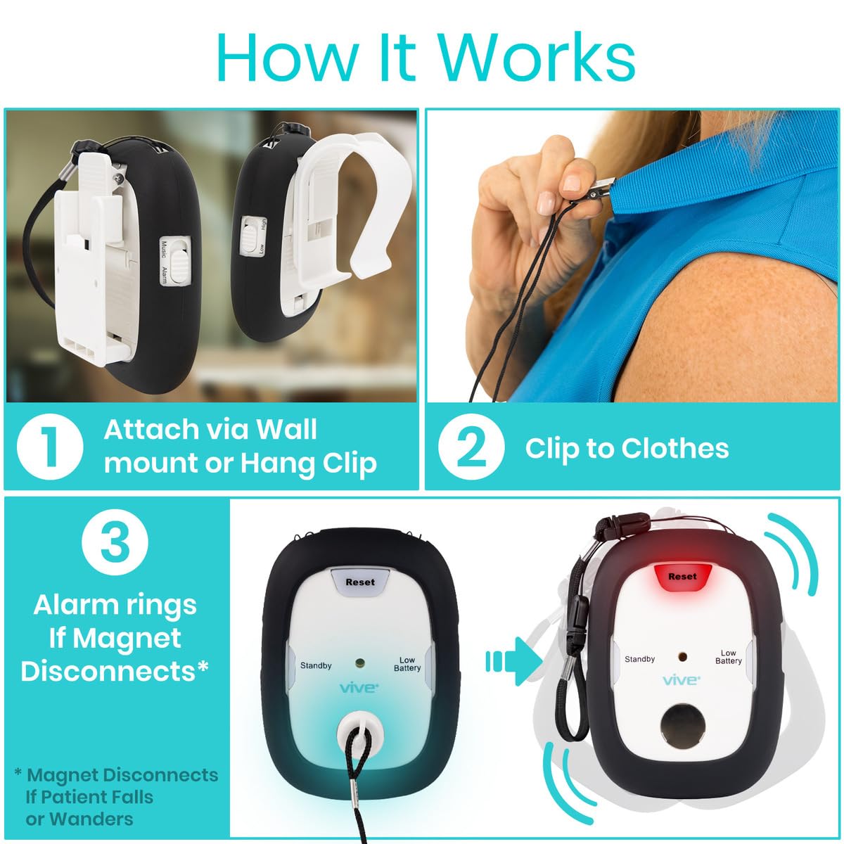 Vive Magnet Pull Cord Chair Alarm for Elderly Adults - Bed Alarm - Fall Prevention for Elderly Dementia Patients - String Exit Alert Detection for Caregivers Monitoring Seniors - Batteries Included