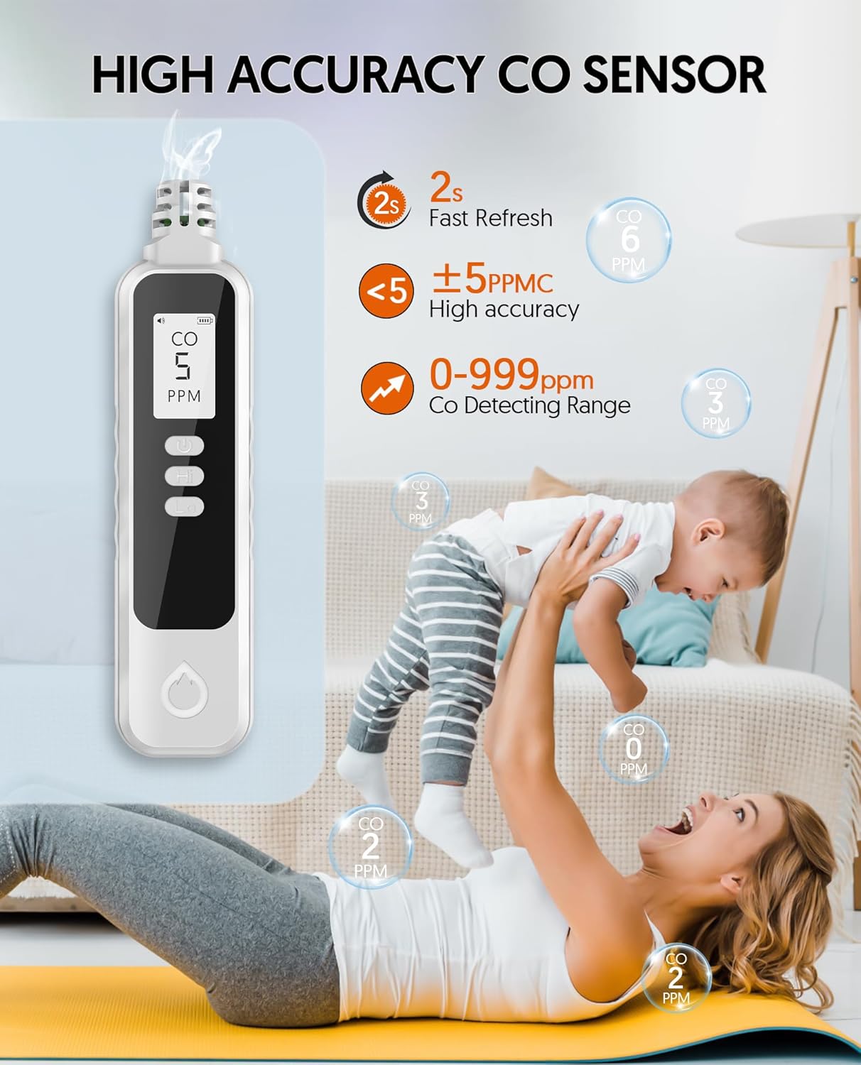 Carbon Monoxide Detectors Portable CO Detector Battery Powered, Handheld Carbon Monoxide Monitor Alarm Detector with LCD Display for Home/Outdoor/Travel (Batteries Included) (White)