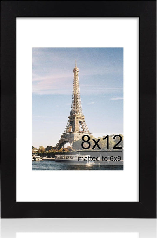 iRahmen 8x12 Picture Frame with HD Tempered Glass, Display Pictures 6x9 with Mat or 8 x 12 Without Mat, Wood Photo Frames for Tabletop and Wall Mount (Black, 1 Pack)