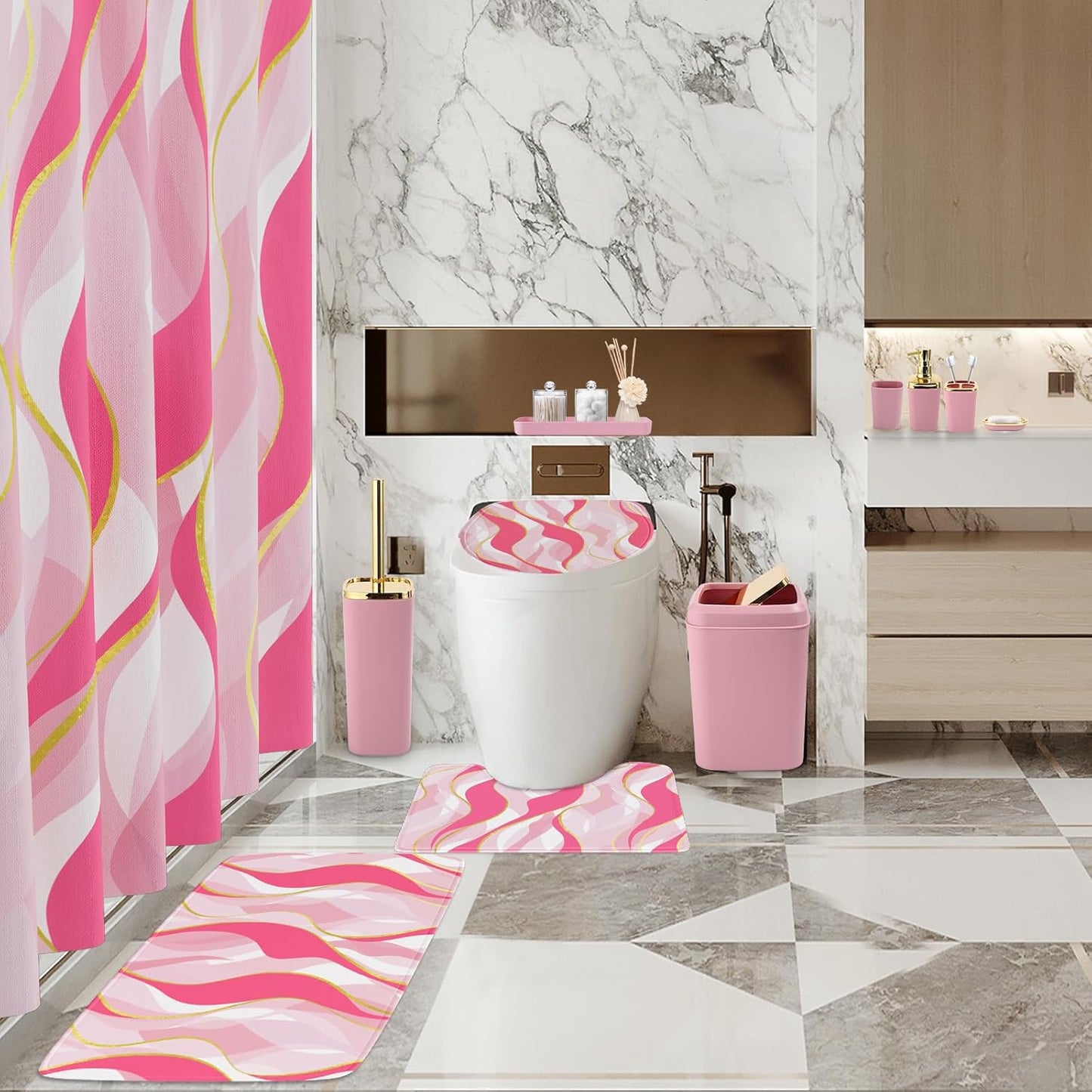 Bathroom Set - Pink and Gold Bathroom Accessories, Bathroom Sets with Shower Curtain and Rugs, Pink Shower Curtain Set with Bathroom Trash Can, Soap Dispenser, Soap Dish for Home Decor