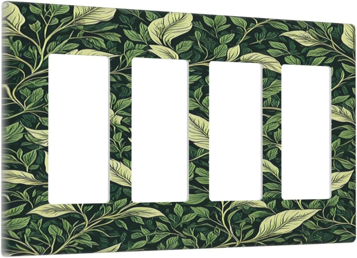 Vintage Green Plant Leaves 4 Gang Wall Plates Outlet Covers Quad Rocker Light Switch Cover Plate Decorative Switch Plates GFCI Electrical Faceplate for Bathroom Bedroom Decor 4.5 X 8 IN