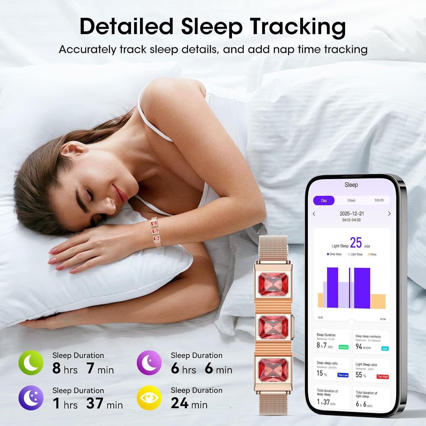 Mingtawn Women's Smart Bracelet with 2 Bands, Health Fitness Tracker, 24/7 Heart Rate/Blood Oxygen/HRV/Sleep Monitor, Fashion Ruby Wristband with Message/Call Reminder Free Subscription (Rose Gold)
