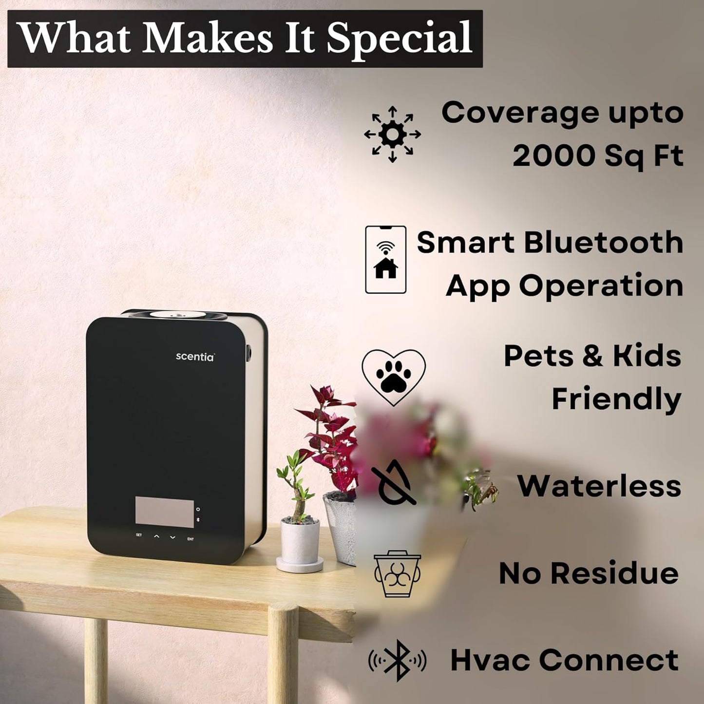 Smart Bluetooth HVAC System with App Control Scent Diffuser | Waterless Diffuser for Home, Office, Large Room, Studio, Yoga,| Coverage Upto 2000 Sq.ft | Scentia CASA SC 2000 Black