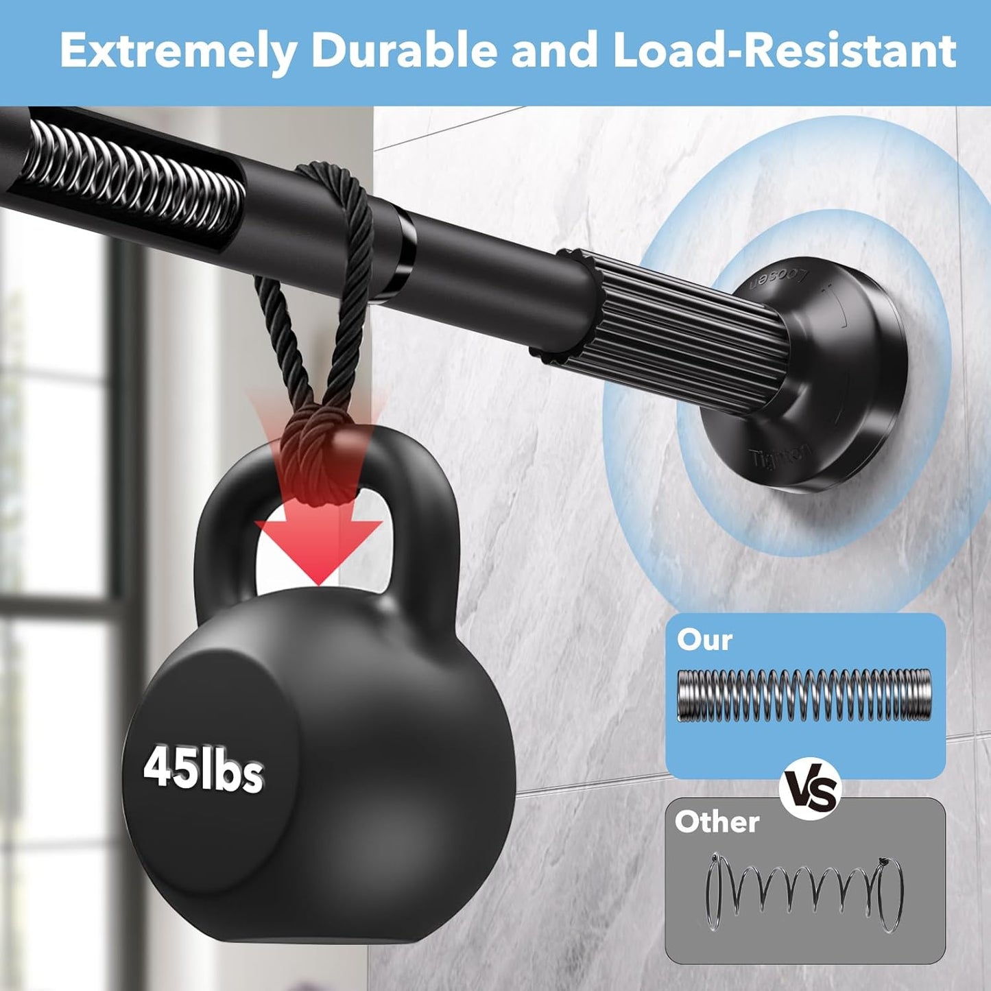 Tension Curtain Rod 51–128 In (4.25–10.67 ft),Extra Long Outdoor Curtain Rod for Window or Bathroom Patio,Easy to Install No Drilling Never Rust,Heavy Duty Adjustable Spring Shower Rod