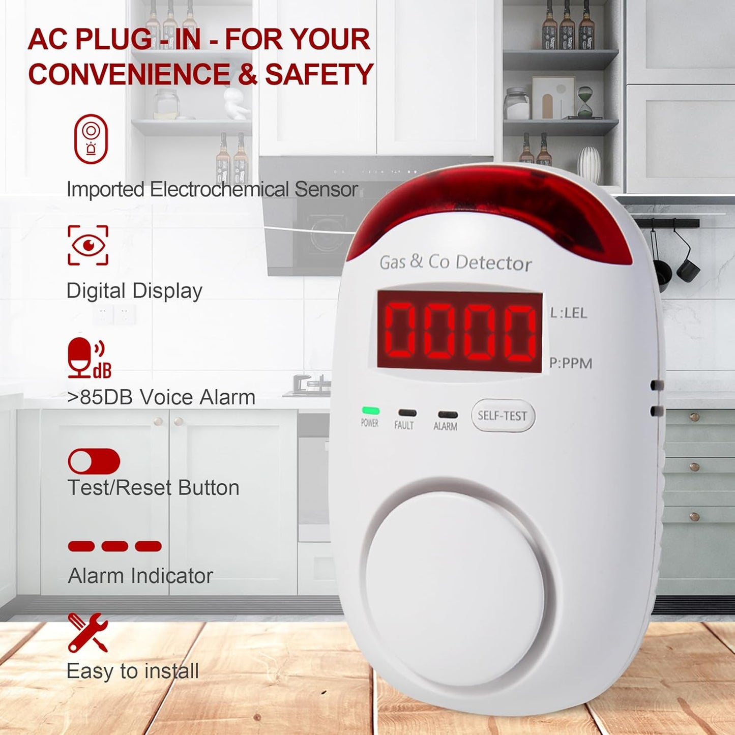 Combination Gas & Carbon Monoxide Detectors - Koabbit Plug in Carbon Monoxide Detector,Propane, Natural,Methane, Explosive Gas Detector Alarm & CO Detector Alarm for Home,Easy to Read
