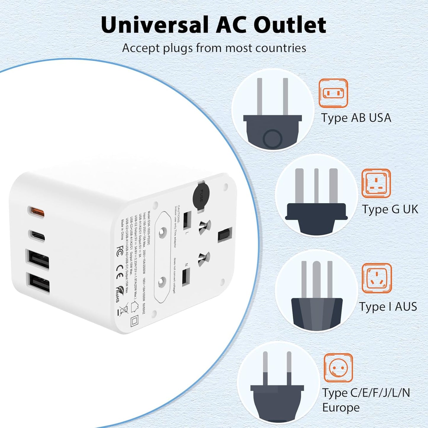 European Travel Plug Adapter, Universal Travel Adapter with PD Fast Charging, 5-Port (1 AC/2 USB-A/2 USB-C) International Power Adapter with Fuse Surge Protection for US EU UK AU - Black