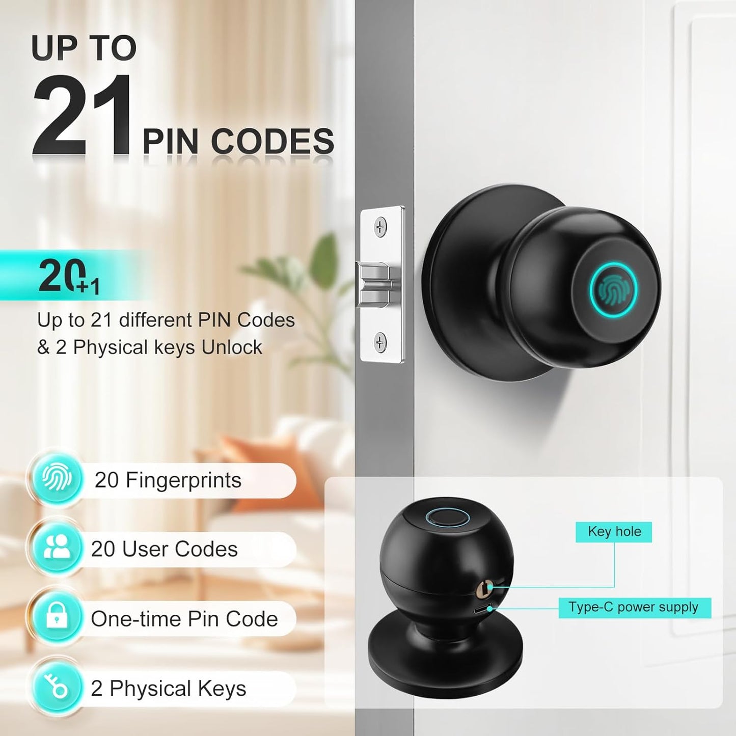 JO.KO 2 Pack Fingerprint Door Lock, Biometric with App Control & Key, Smart Door Knob for Bedroom, Entry Door, Keyless Finger Print Door Knob with Thumb Print Black, Different Keys