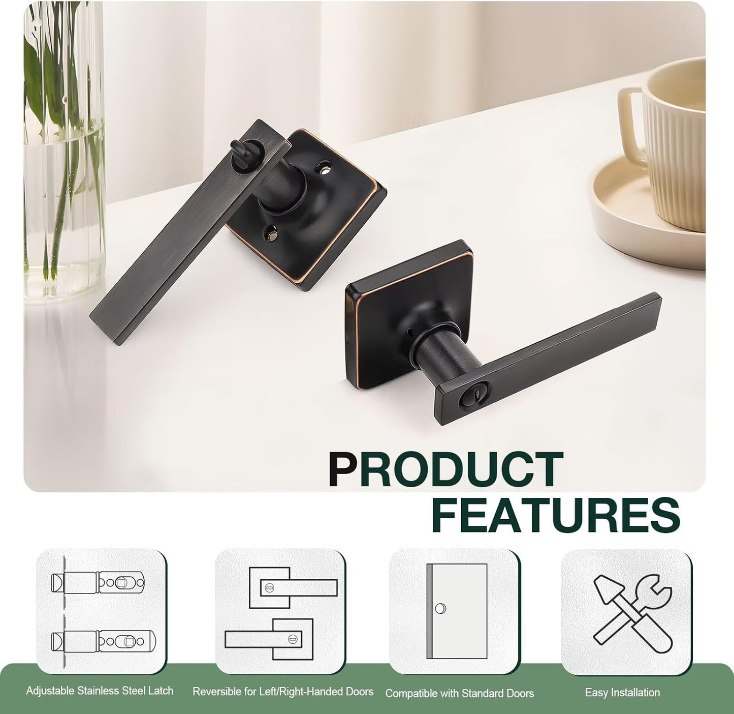 GOBEKOR 2 Pack Bronze Door Handles Interior with Lock Privacy Door Levers Oil Rubbed Bronze Lever Door Handle Interior Keyless Door Locks for Bedroom Bathroom Bronze Square Door Handles